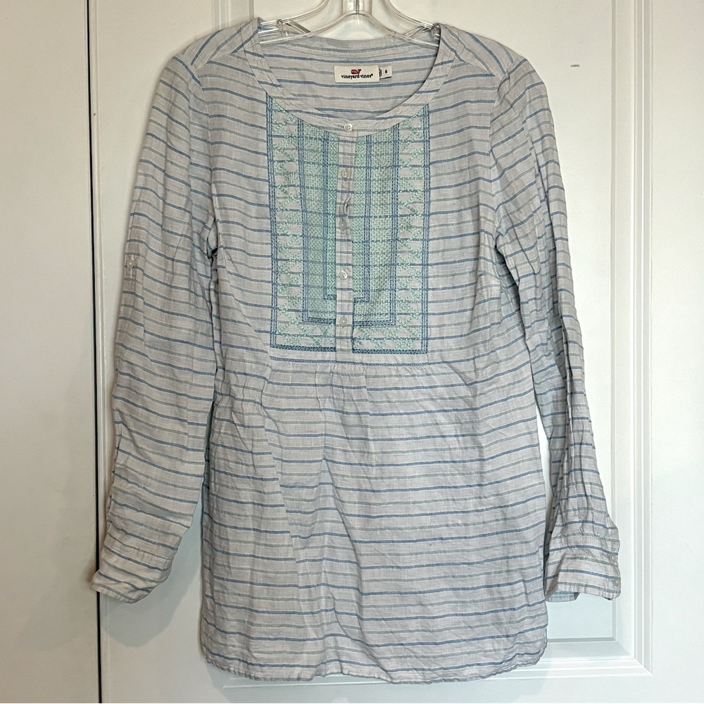 Vineyard Vines Blue Aqua Stripe Embroidered Bib Half Button Popover Tunic 6